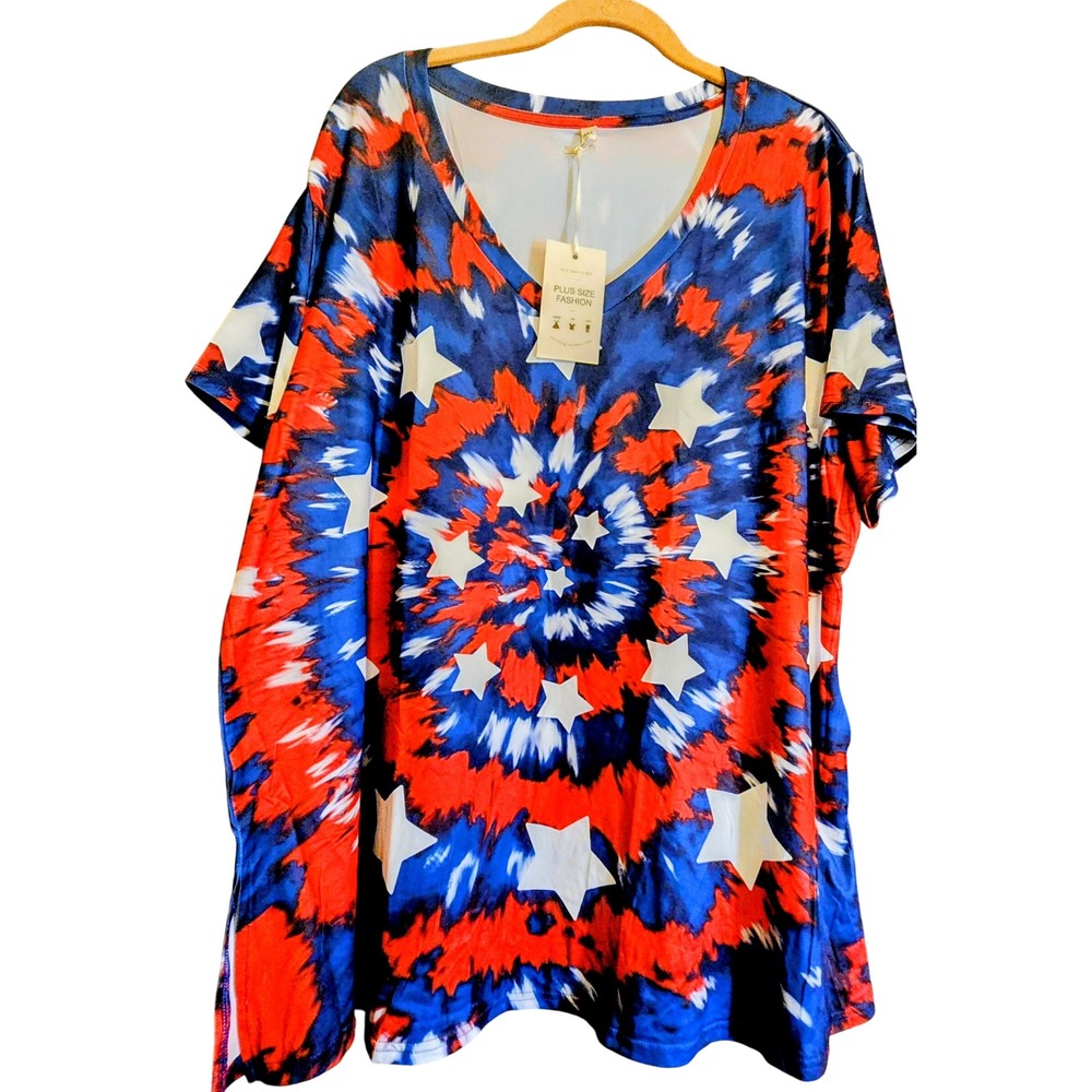 Plus Size Fashion Tie Dye Tunic Women 3XL Red Blue NWT Patriotic Stars Brand New